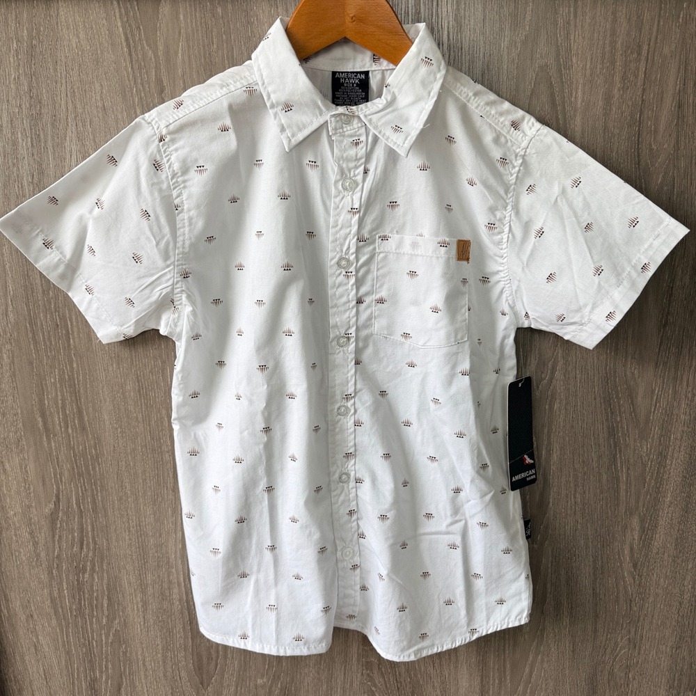 American Hawk Button Down Shirt Boys Size 8 White Tribal Print Casual Boho NWT
